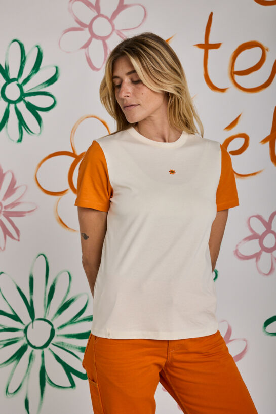 Tee Shirt écru Fleur Manches Contrastées Orange