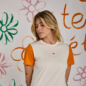 Tee Shirt écru Fleur Manches Contrastées Orange
